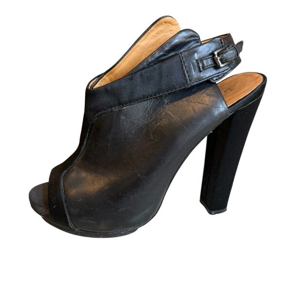 L.A.M.B. Gwen Stefani Leather & Satin Trim Platform Open Toe Booties Black - Picture 1 of 10